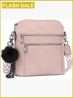 Medium Hobo Crossbody Bag with Wide Strap & Pom-Pom, Vegan Leather, Multi-Pocket